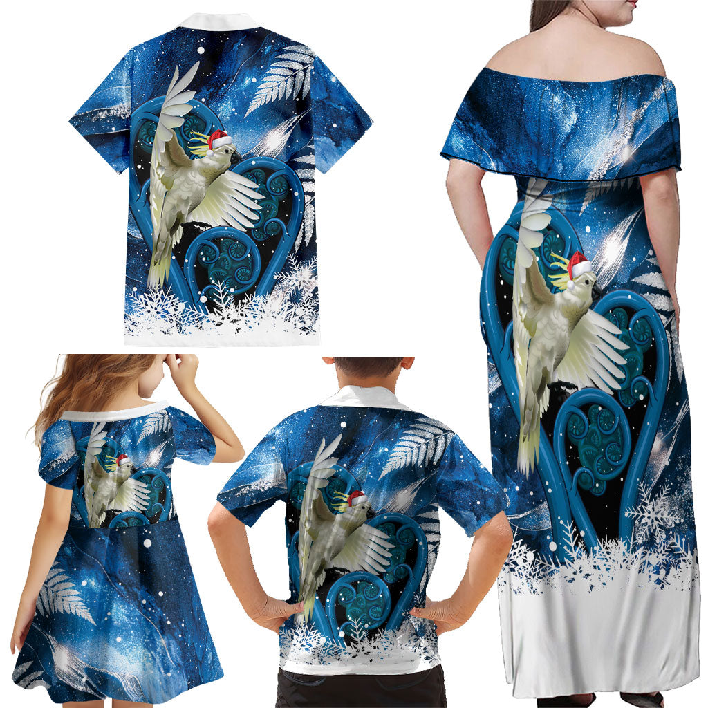 Sulphur-crested Cockatoo New Zealand Christmas In July Family Matching Off Shoulder Maxi Dress and Hawaiian Shirt NZ Aroha Koru Fern Marble Vibes LT14 - Polynesian Pride