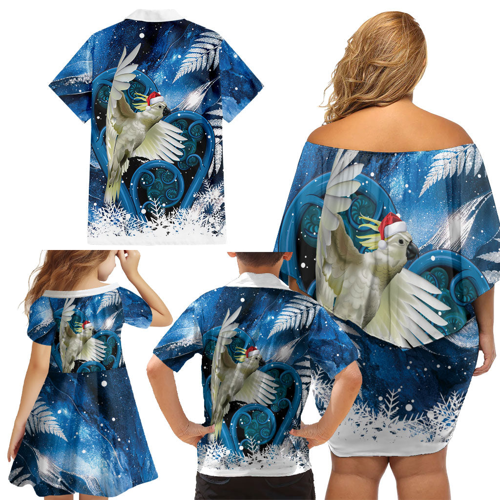 Sulphur-crested Cockatoo New Zealand Christmas In July Family Matching Off Shoulder Short Dress and Hawaiian Shirt NZ Aroha Koru Fern Marble Vibes LT14 - Polynesian Pride