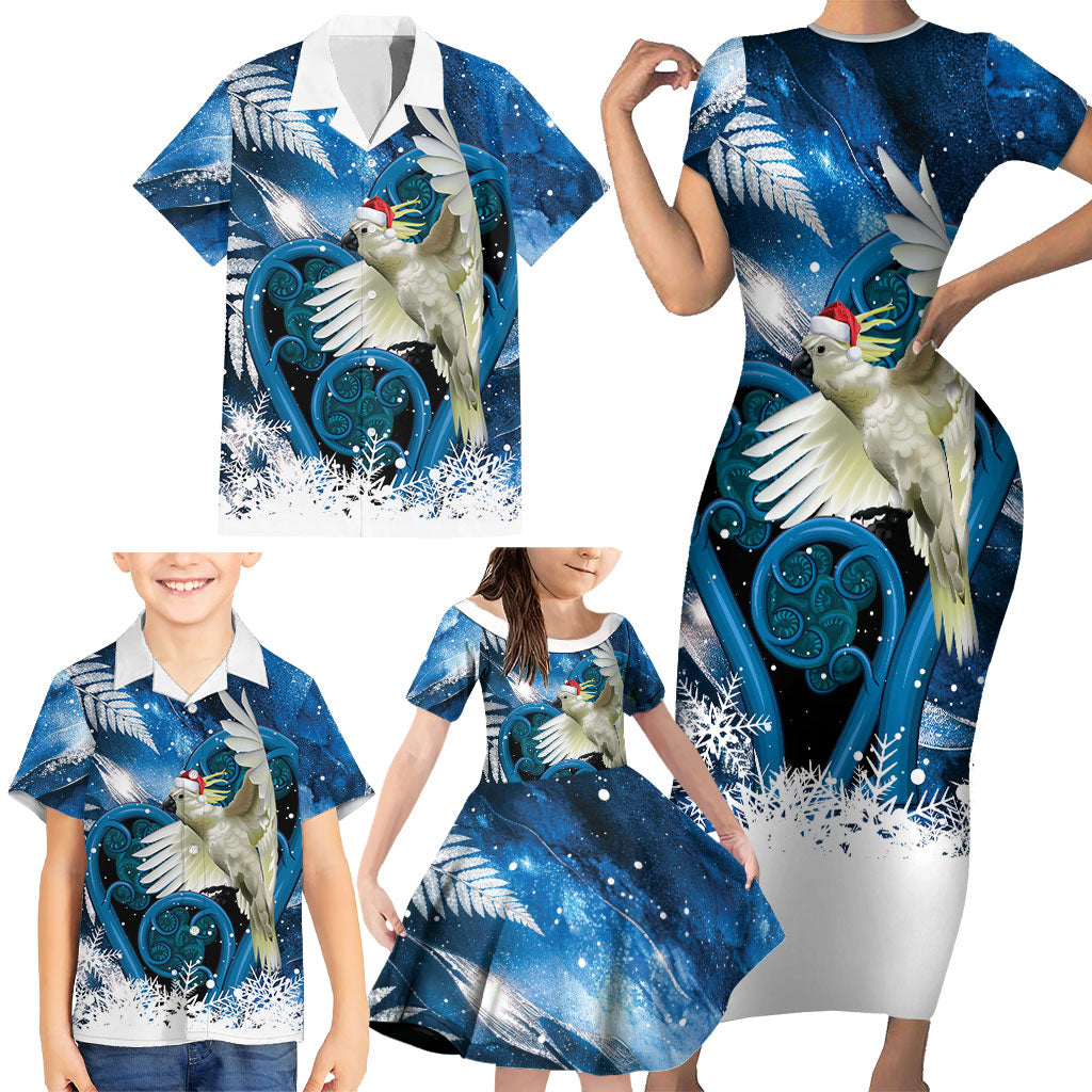 Sulphur-crested Cockatoo New Zealand Christmas In July Family Matching Short Sleeve Bodycon Dress and Hawaiian Shirt NZ Aroha Koru Fern Marble Vibes LT14 - Polynesian Pride