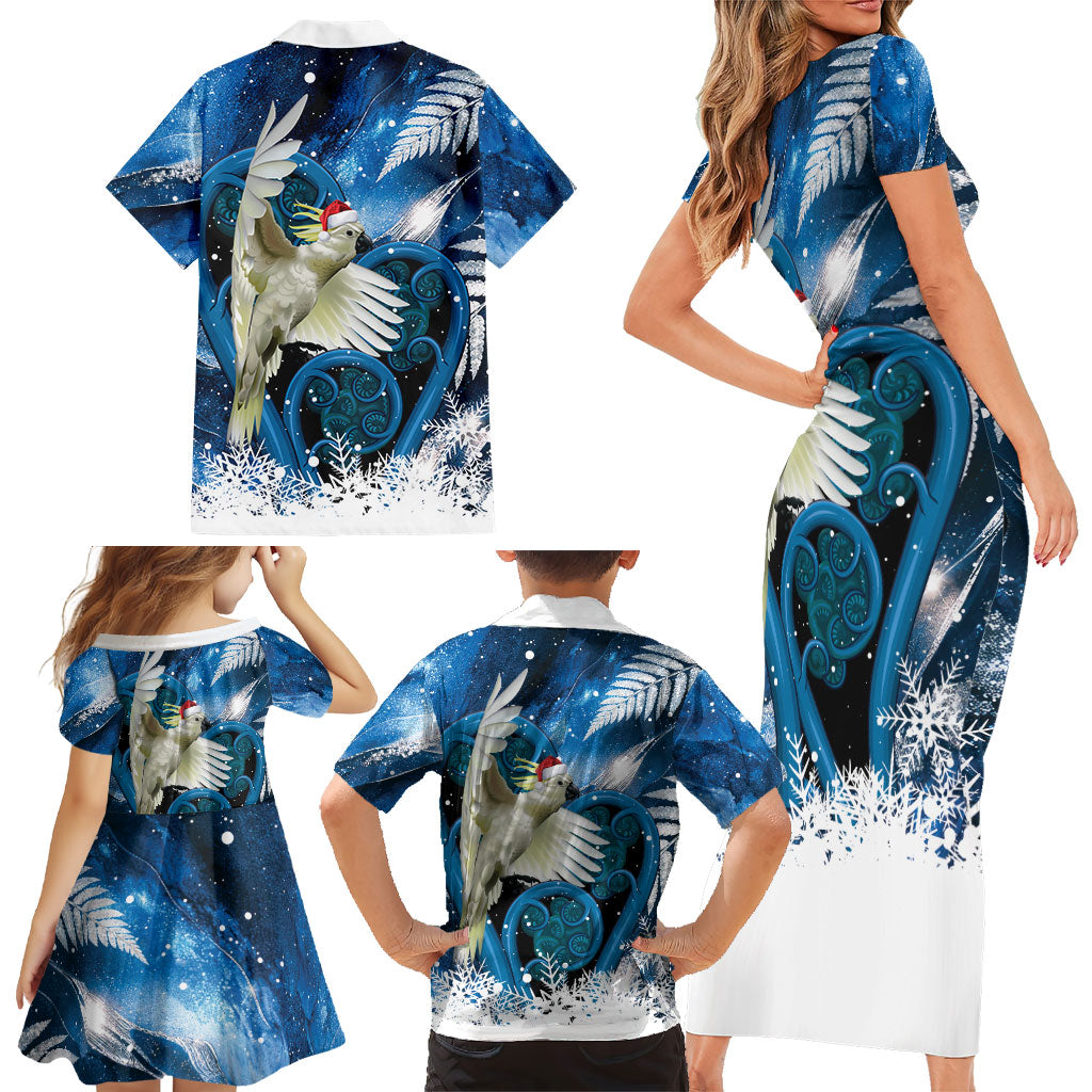 Sulphur-crested Cockatoo New Zealand Christmas In July Family Matching Short Sleeve Bodycon Dress and Hawaiian Shirt NZ Aroha Koru Fern Marble Vibes LT14 - Polynesian Pride