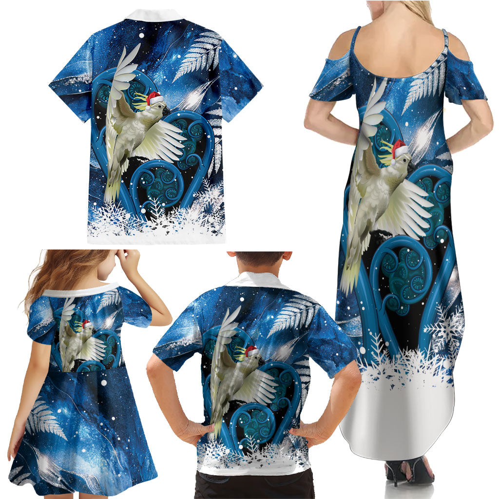 Sulphur-crested Cockatoo New Zealand Christmas In July Family Matching Summer Maxi Dress and Hawaiian Shirt NZ Aroha Koru Fern Marble Vibes LT14 - Polynesian Pride