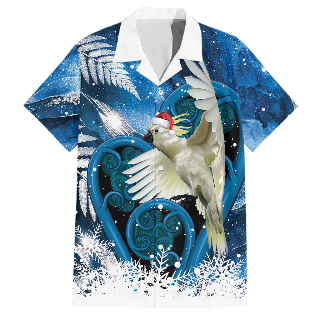 Sulphur-crested Cockatoo New Zealand Christmas In July Family Matching Tank Maxi Dress and Hawaiian Shirt NZ Aroha Koru Fern Marble Vibes LT14 Dad's Shirt - Short Sleeve Blue - Polynesian Pride