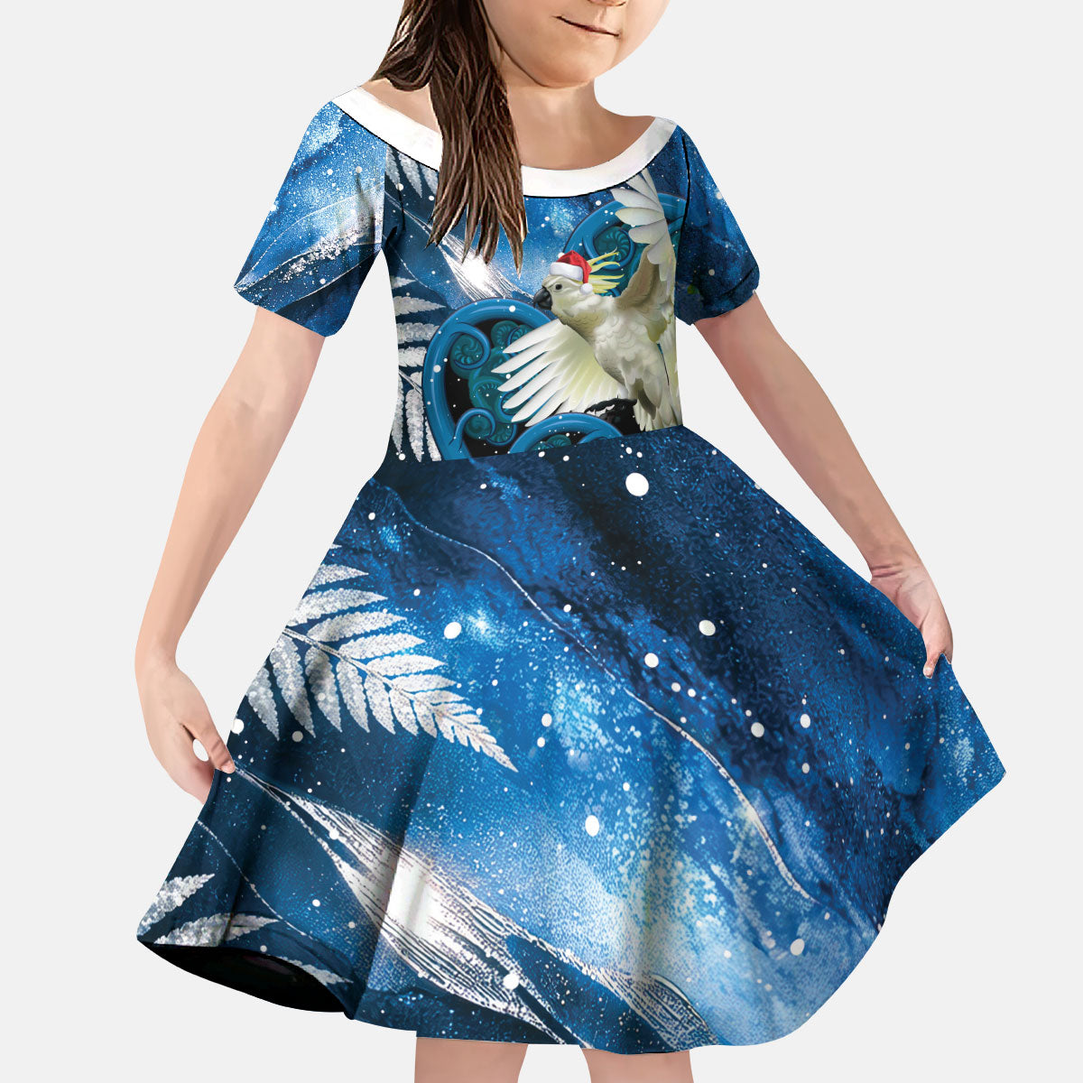 Sulphur-crested Cockatoo New Zealand Christmas In July Kid Short Sleeve Dress NZ Aroha Koru Fern Marble Vibes LT14 KID Blue - Polynesian Pride