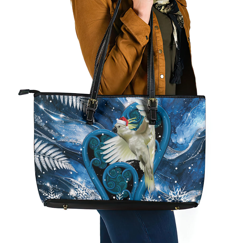 Sulphur-crested Cockatoo New Zealand Christmas In July Leather Tote Bag NZ Aroha Koru Fern Marble Vibes LT14 - Polynesian Pride