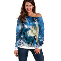 Sulphur-crested Cockatoo New Zealand Christmas In July Off Shoulder Sweater NZ Aroha Koru Fern Marble Vibes LT14 Women Blue - Polynesian Pride