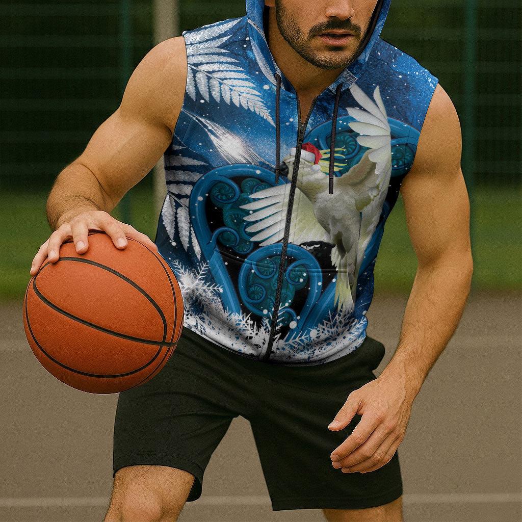 Sulphur-crested Cockatoo New Zealand Christmas In July Sleeveless Zip Hoodie NZ Aroha Koru Fern Marble Vibes LT14 - Polynesian Pride