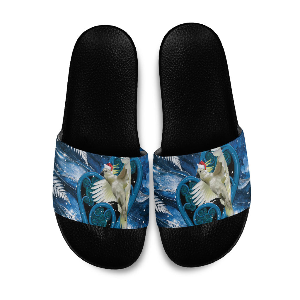 Sulphur-crested Cockatoo New Zealand Christmas In July Slide Sandals NZ Aroha Koru Fern Marble Vibes LT14 Blue - Polynesian Pride