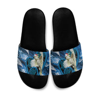 Sulphur-crested Cockatoo New Zealand Christmas In July Slide Sandals NZ Aroha Koru Fern Marble Vibes LT14 Blue - Polynesian Pride