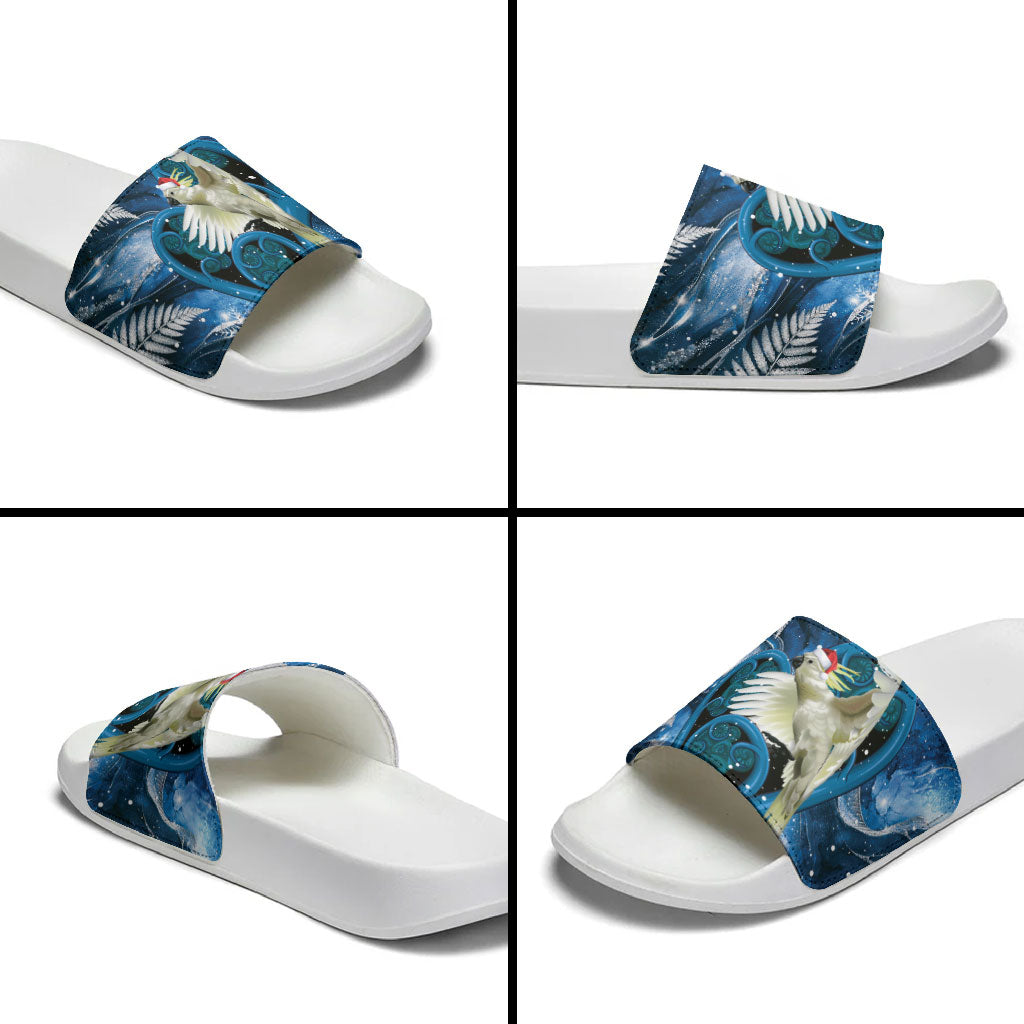 Sulphur-crested Cockatoo New Zealand Christmas In July Slide Sandals NZ Aroha Koru Fern Marble Vibes LT14 - Polynesian Pride