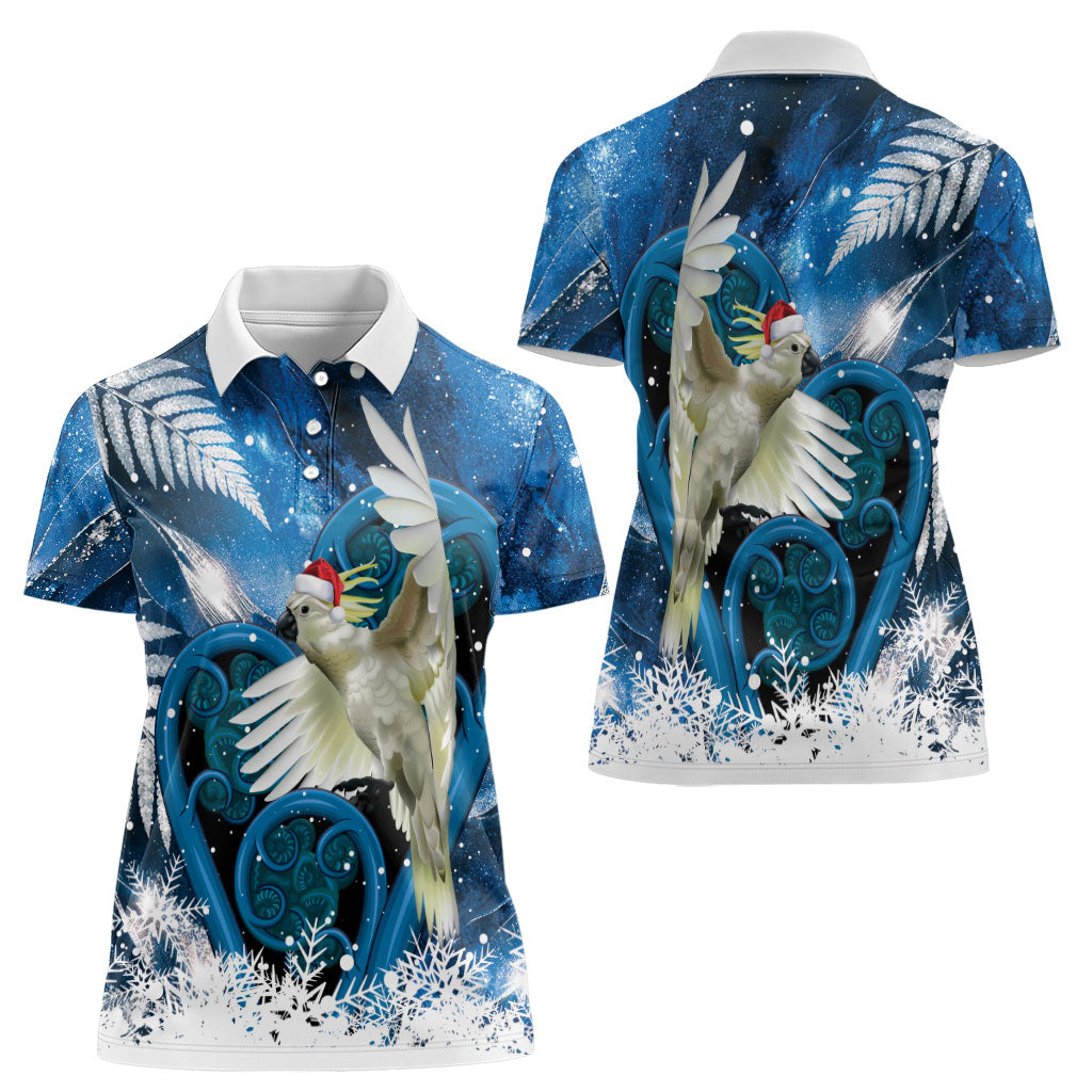 Sulphur-crested Cockatoo New Zealand Christmas In July Women Polo Shirt NZ Aroha Koru Fern Marble Vibes LT14 - Polynesian Pride