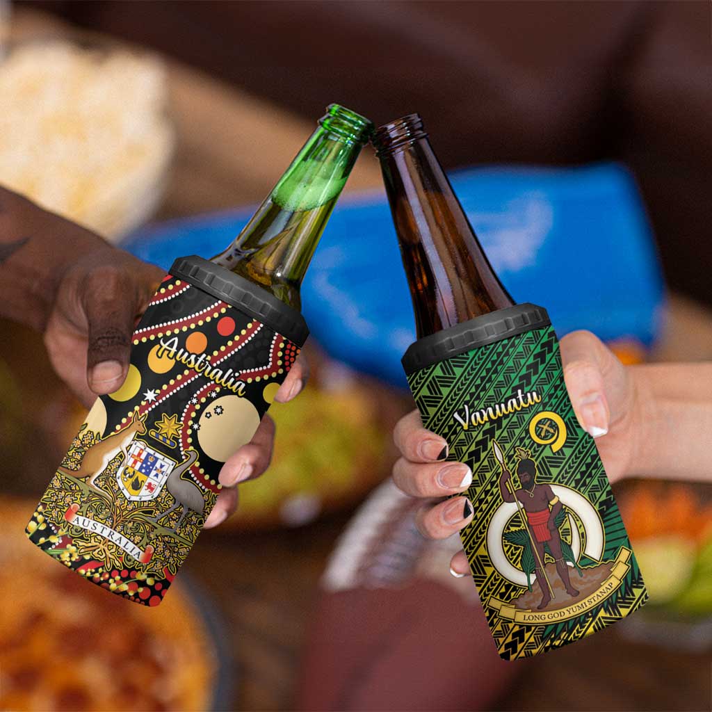 Vanuatu and Australia 4 in 1 Can Cooler Tumbler Vanuatuan Polynesian Mix Aussie Aboriginal Art