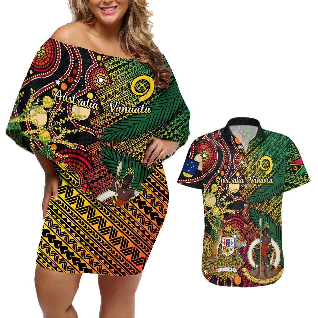 Vanuatu and Australia Couples Matching Off Shoulder Short Dress and Hawaiian Shirt Vanuatuan Polynesian Mix Aussie Aboriginal Art LT14 Black - Polynesian Pride
