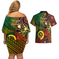 Vanuatu and Australia Couples Matching Off Shoulder Short Dress and Hawaiian Shirt Vanuatuan Polynesian Mix Aussie Aboriginal Art LT14 - Polynesian Pride