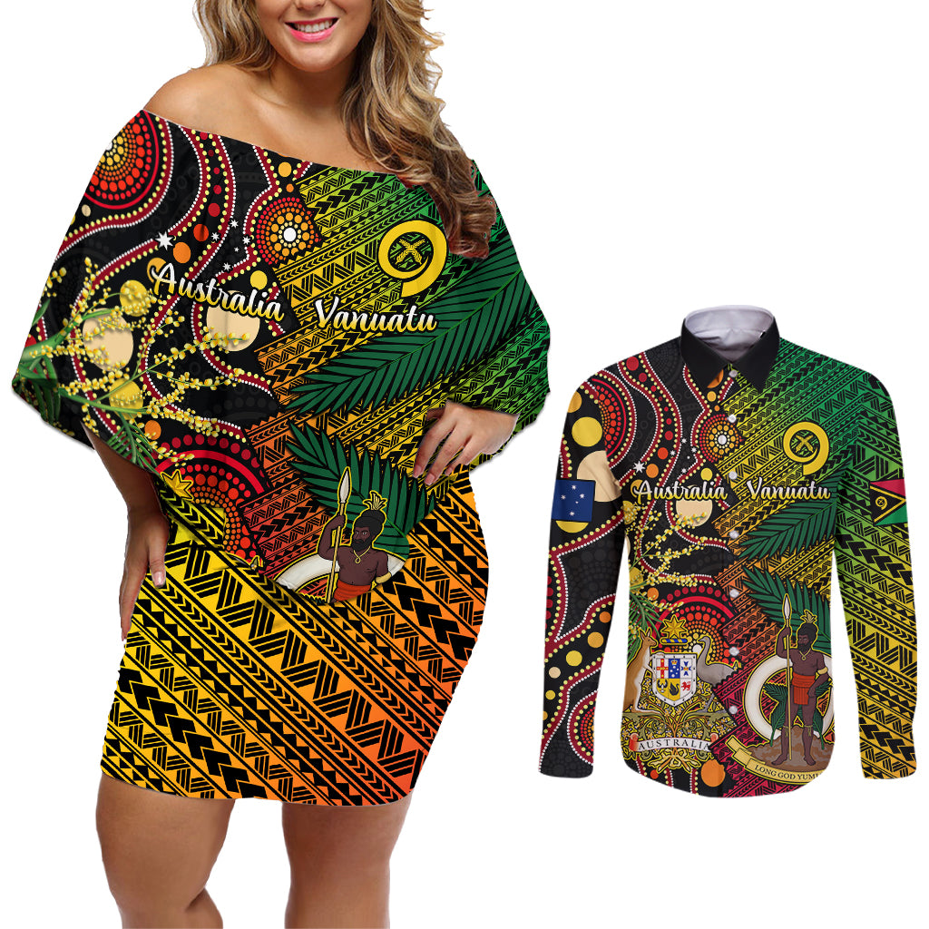 Vanuatu and Australia Couples Matching Off Shoulder Short Dress and Long Sleeve Button Shirts Vanuatuan Polynesian Mix Aussie Aboriginal Art LT14 Black - Polynesian Pride