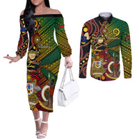 Vanuatu and Australia Couples Matching Off The Shoulder Long Sleeve Dress and Long Sleeve Button Shirts Vanuatuan Polynesian Mix Aussie Aboriginal Art LT14 Black - Polynesian Pride