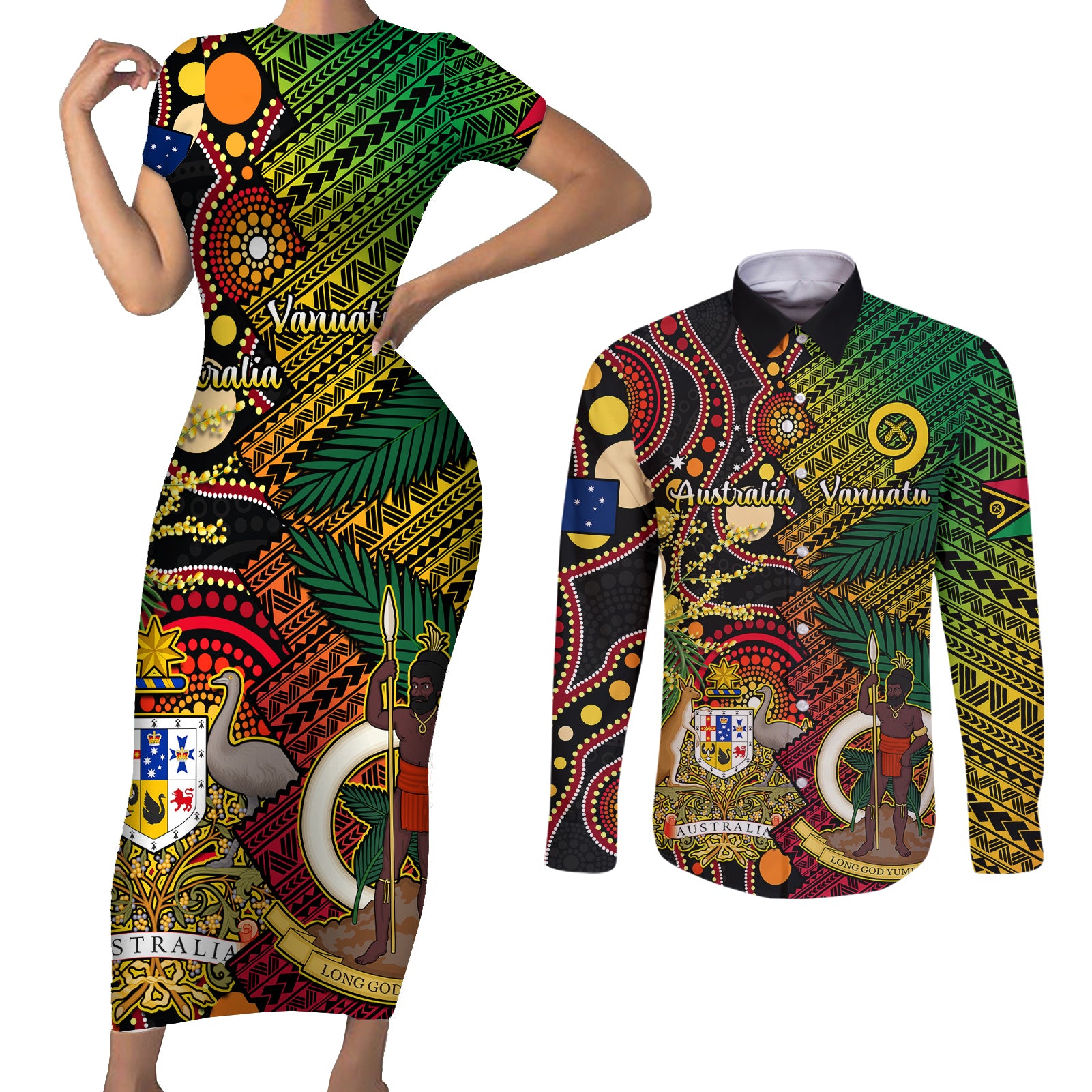 Vanuatu and Australia Couples Matching Short Sleeve Bodycon Dress and Long Sleeve Button Shirts Vanuatuan Polynesian Mix Aussie Aboriginal Art LT14 Black - Polynesian Pride