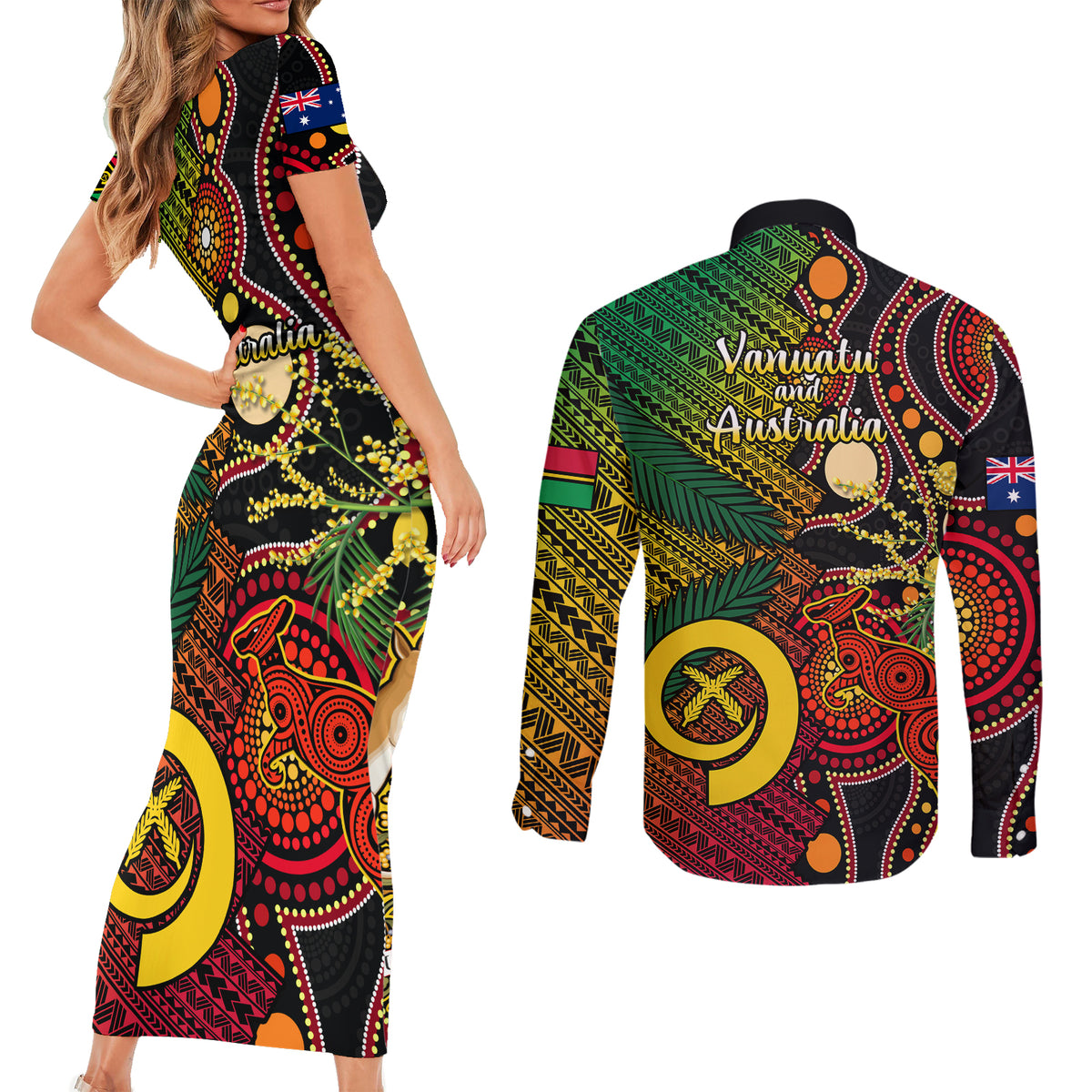 Vanuatu and Australia Couples Matching Short Sleeve Bodycon Dress and Long Sleeve Button Shirts Vanuatuan Polynesian Mix Aussie Aboriginal Art LT14 - Polynesian Pride