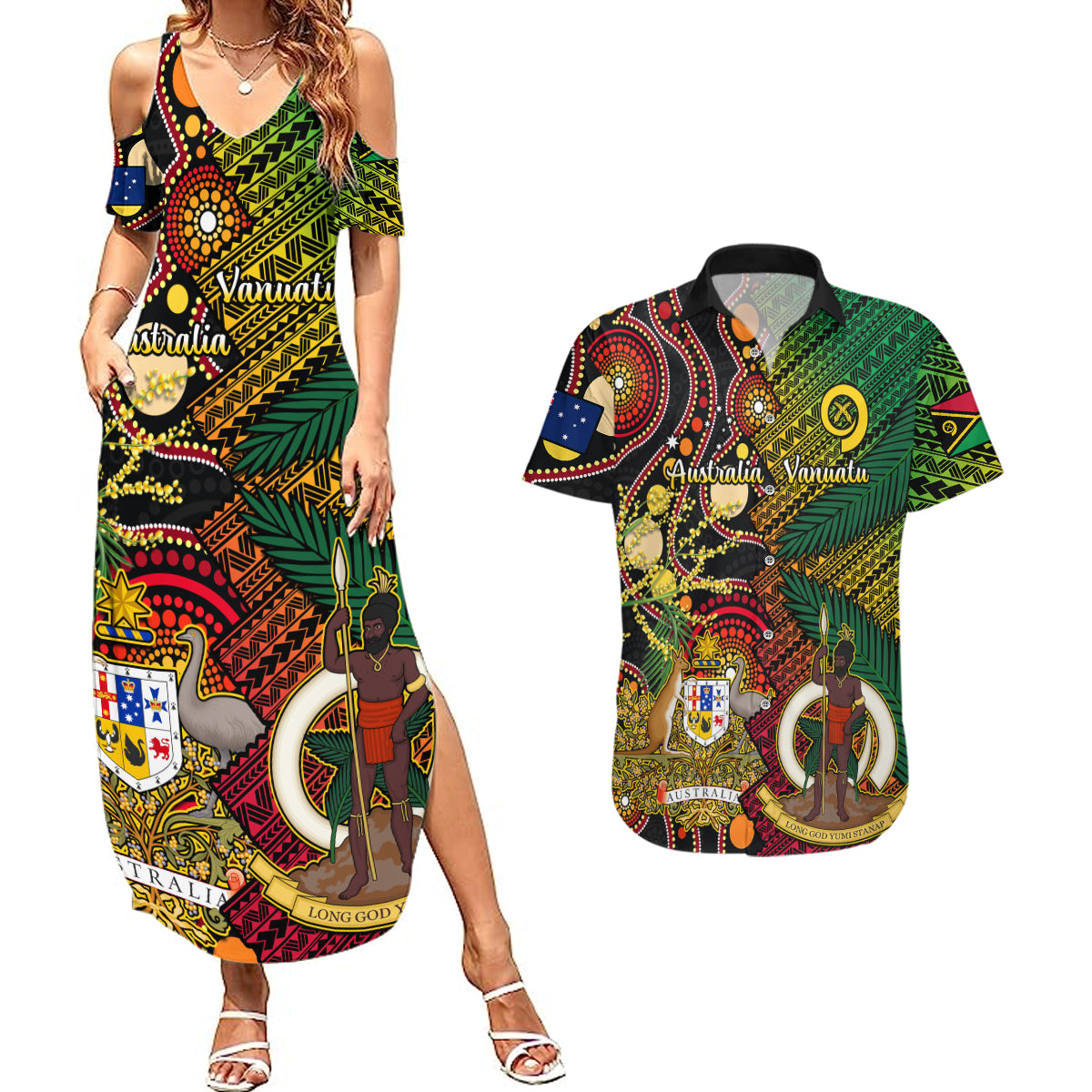 Vanuatu and Australia Couples Matching Summer Maxi Dress and Hawaiian Shirt Vanuatuan Polynesian Mix Aussie Aboriginal Art LT14 Black - Polynesian Pride