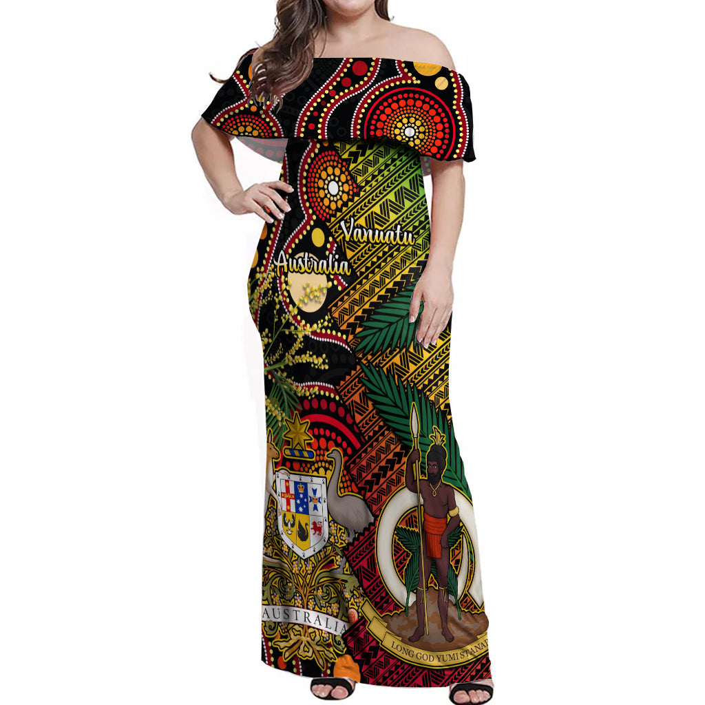 Vanuatu and Australia Off Shoulder Maxi Dress Vanuatuan Polynesian Mix Aussie Aboriginal Art LT14 Women Black - Polynesian Pride