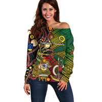 Vanuatu and Australia Off Shoulder Sweater Vanuatuan Polynesian Mix Aussie Aboriginal Art LT14 Women Black - Polynesian Pride