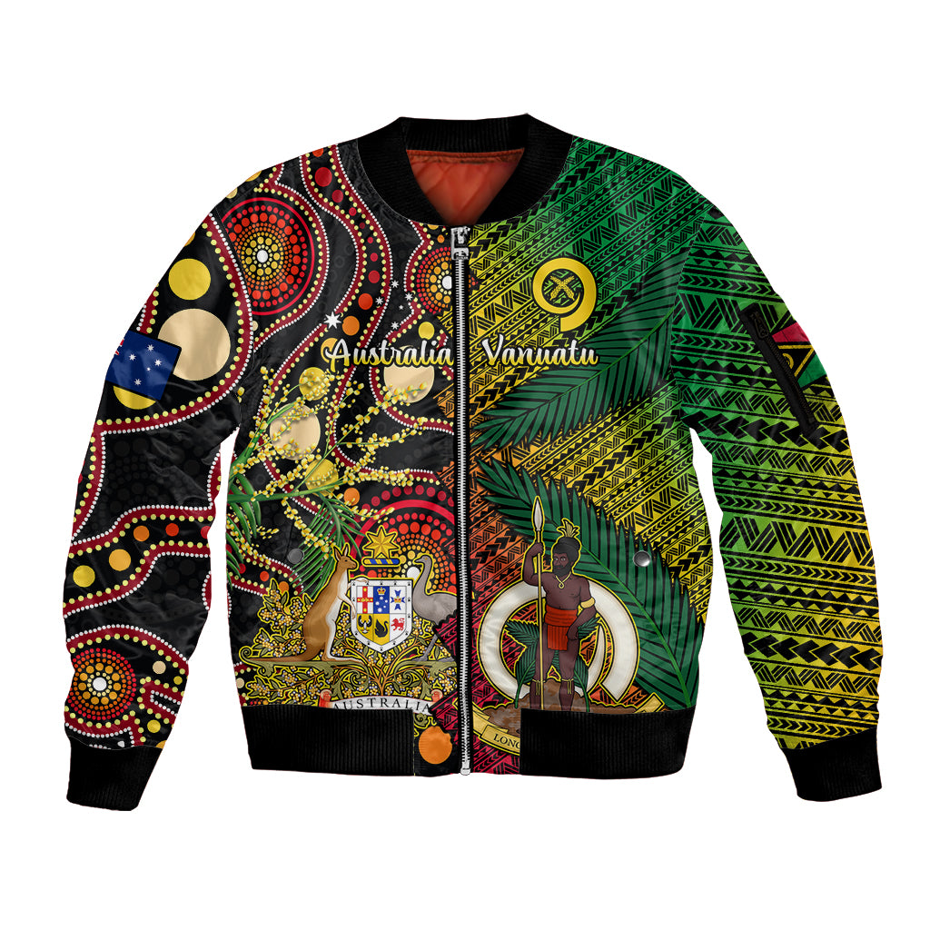 Vanuatu and Australia Sleeve Zip Bomber Jacket Vanuatuan Polynesian Mix Aussie Aboriginal Art LT14 Unisex Black - Polynesian Pride