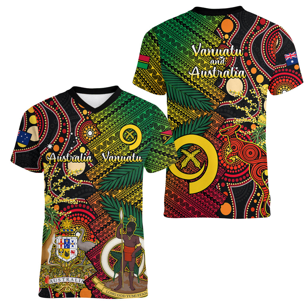 Vanuatu and Australia Women V Neck T Shirt Vanuatuan Polynesian Mix Aussie Aboriginal Art LT14 - Polynesian Pride