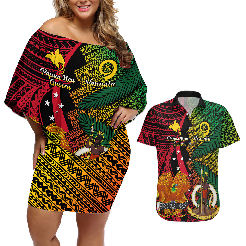 Vanuatu and Papua New Guinea Couples Matching Off Shoulder Short Dress and Hawaiian Shirt Vanuatuan With PNG Polynesian Pattern LT14 Black - Polynesian Pride