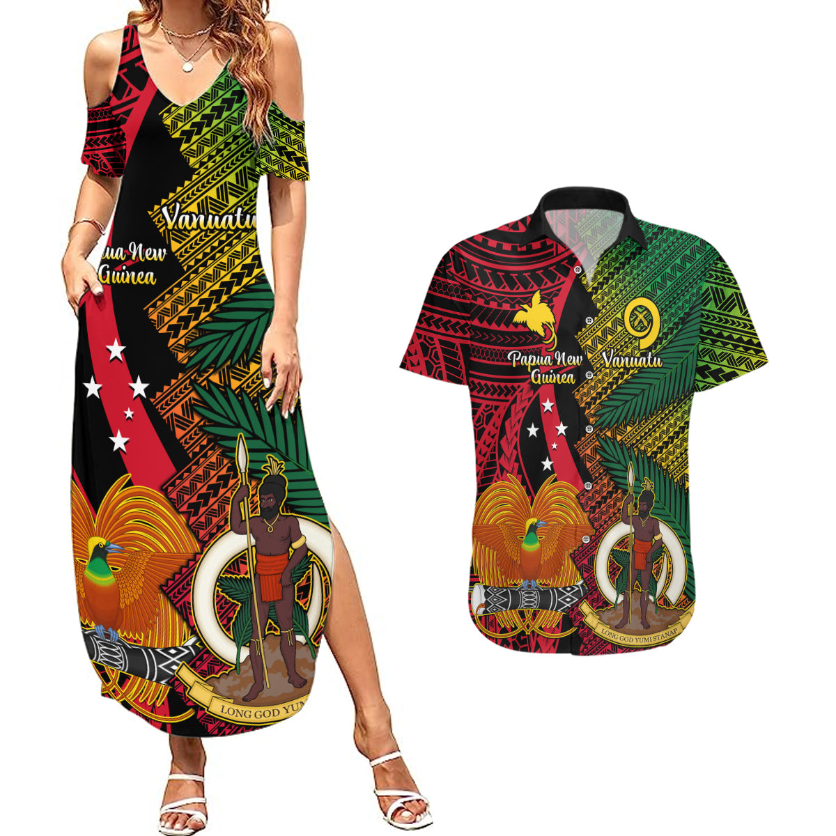 Vanuatu and Papua New Guinea Couples Matching Summer Maxi Dress and Hawaiian Shirt Vanuatuan With PNG Polynesian Pattern LT14 Black - Polynesian Pride