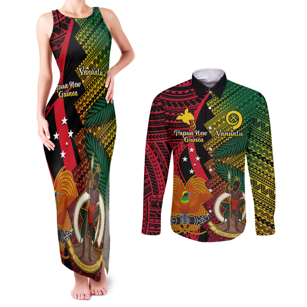 Vanuatu and Papua New Guinea Couples Matching Tank Maxi Dress and Long Sleeve Button Shirts Vanuatuan With PNG Polynesian Pattern LT14 Black - Polynesian Pride