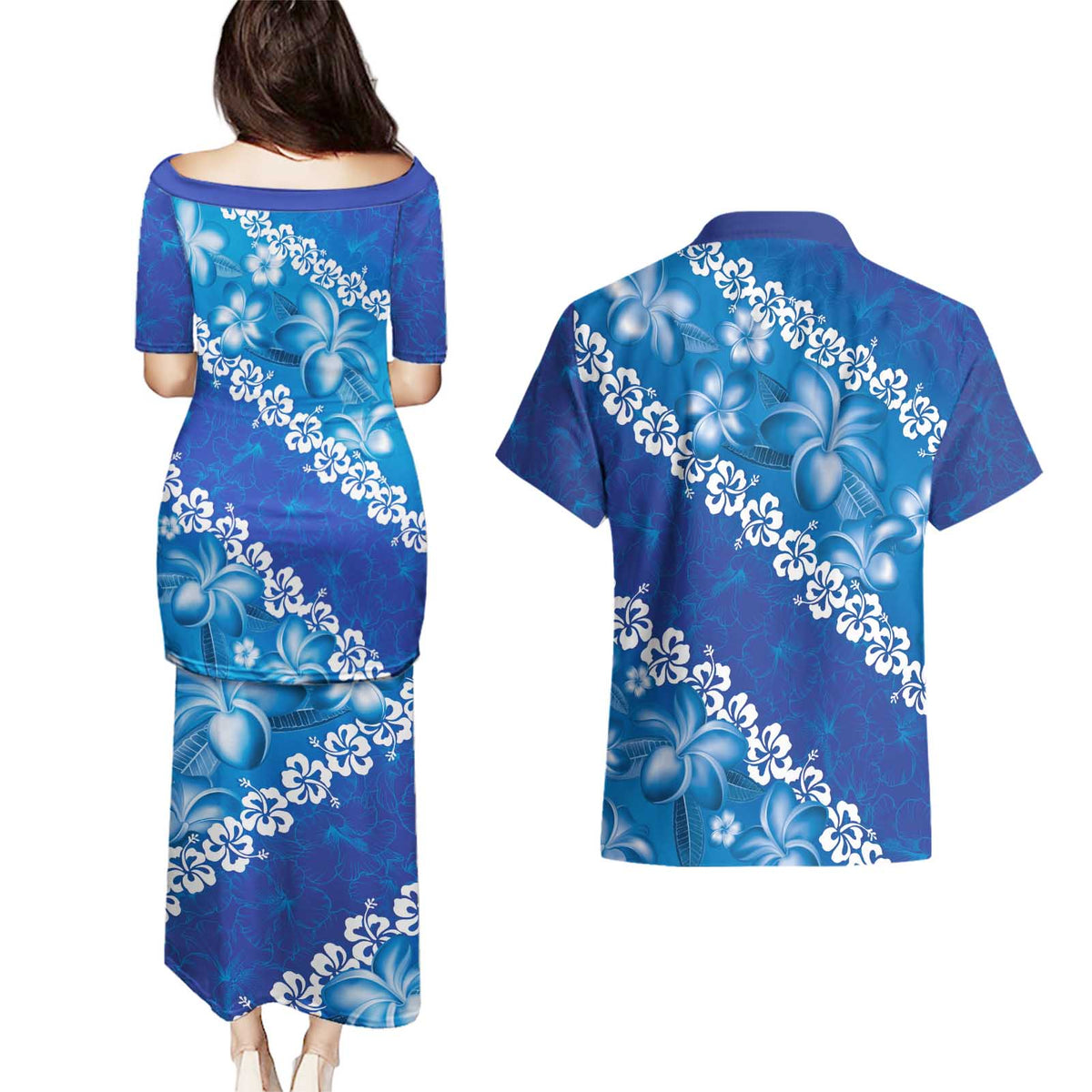 Vintage Blue Polynesia Couples Matching Puletasi and Hawaiian Shirt Plumeria With Hibiscus Tropical Vibes