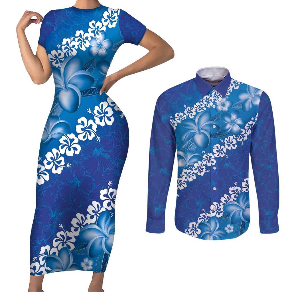 Vintage Blue Polynesia Couples Matching Short Sleeve Bodycon Dress and Long Sleeve Button Shirt Plumeria With Hibiscus Tropical Vibes