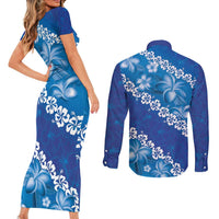 Vintage Blue Polynesia Couples Matching Short Sleeve Bodycon Dress and Long Sleeve Button Shirt Plumeria With Hibiscus Tropical Vibes