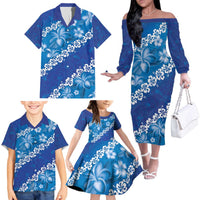 Vintage Blue Polynesia Family Matching Off The Shoulder Long Sleeve Dress and Hawaiian Shirt Plumeria With Hibiscus Tropical Vibes LT14 - Polynesian Pride