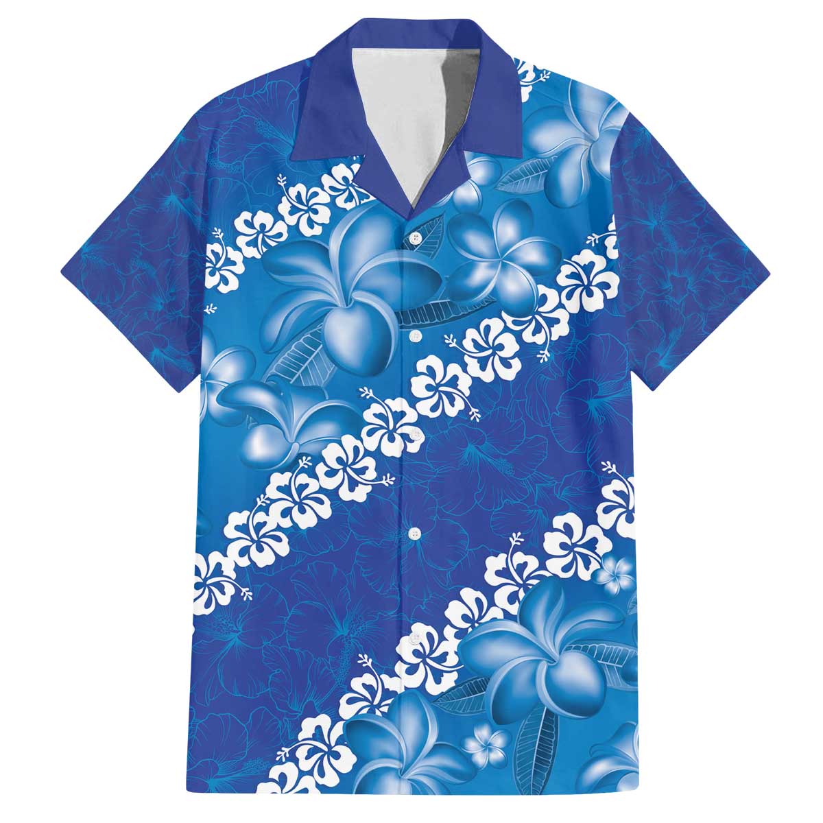 Vintage Blue Polynesia Family Matching Off The Shoulder Long Sleeve Dress and Hawaiian Shirt Plumeria With Hibiscus Tropical Vibes LT14 Dad's Shirt - Short Sleeve Blue - Polynesian Pride