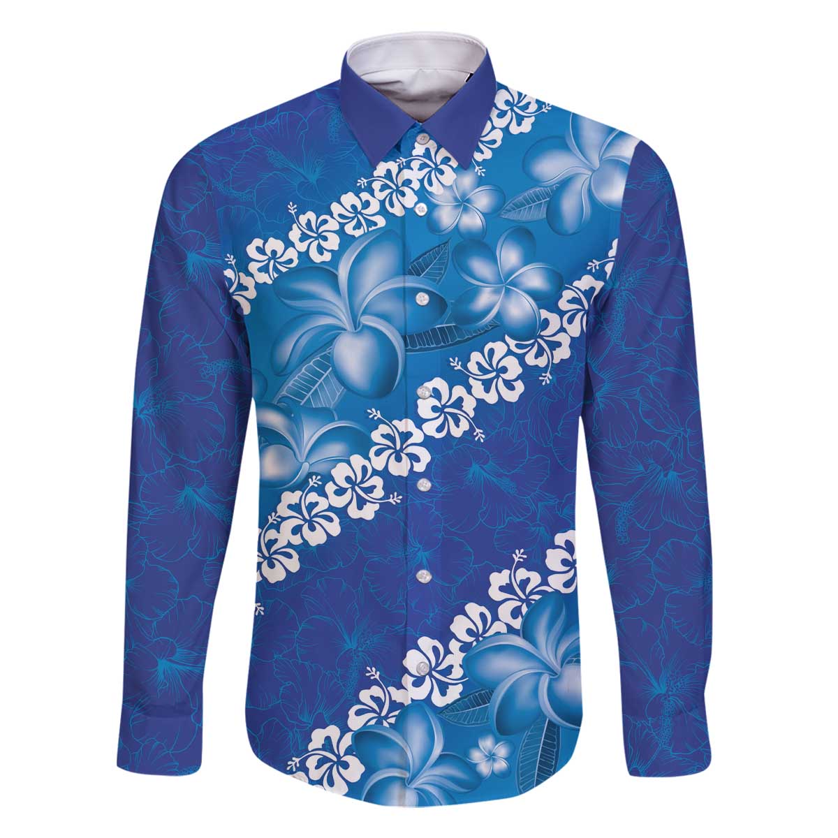 Vintage Blue Polynesia Family Matching Off The Shoulder Long Sleeve Dress and Hawaiian Shirt Plumeria With Hibiscus Tropical Vibes LT14 Dad's Shirt - Long Sleeve Blue - Polynesian Pride