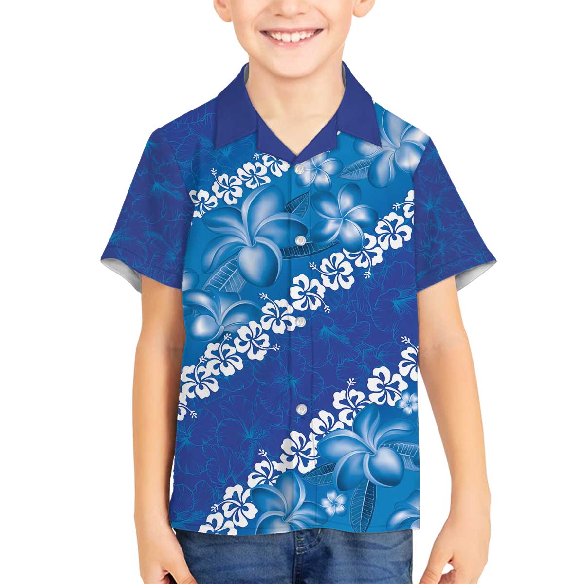 Vintage Blue Polynesia Family Matching Off The Shoulder Long Sleeve Dress and Hawaiian Shirt Plumeria With Hibiscus Tropical Vibes LT14 Son's Shirt Blue - Polynesian Pride