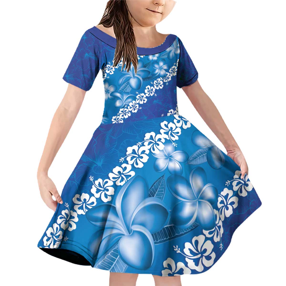 Vintage Blue Polynesia Family Matching Off Shoulder Short Dress and Hawaiian Shirt Plumeria With Hibiscus Tropical Vibes LT14 Daughter's Dress Blue - Polynesian Pride