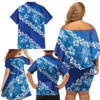 Vintage Blue Polynesia Family Matching Off Shoulder Short Dress and Hawaiian Shirt Plumeria With Hibiscus Tropical Vibes LT14 - Polynesian Pride