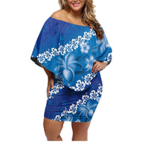 Vintage Blue Polynesia Family Matching Off Shoulder Short Dress and Hawaiian Shirt Plumeria With Hibiscus Tropical Vibes LT14 Mom's Dress Blue - Polynesian Pride