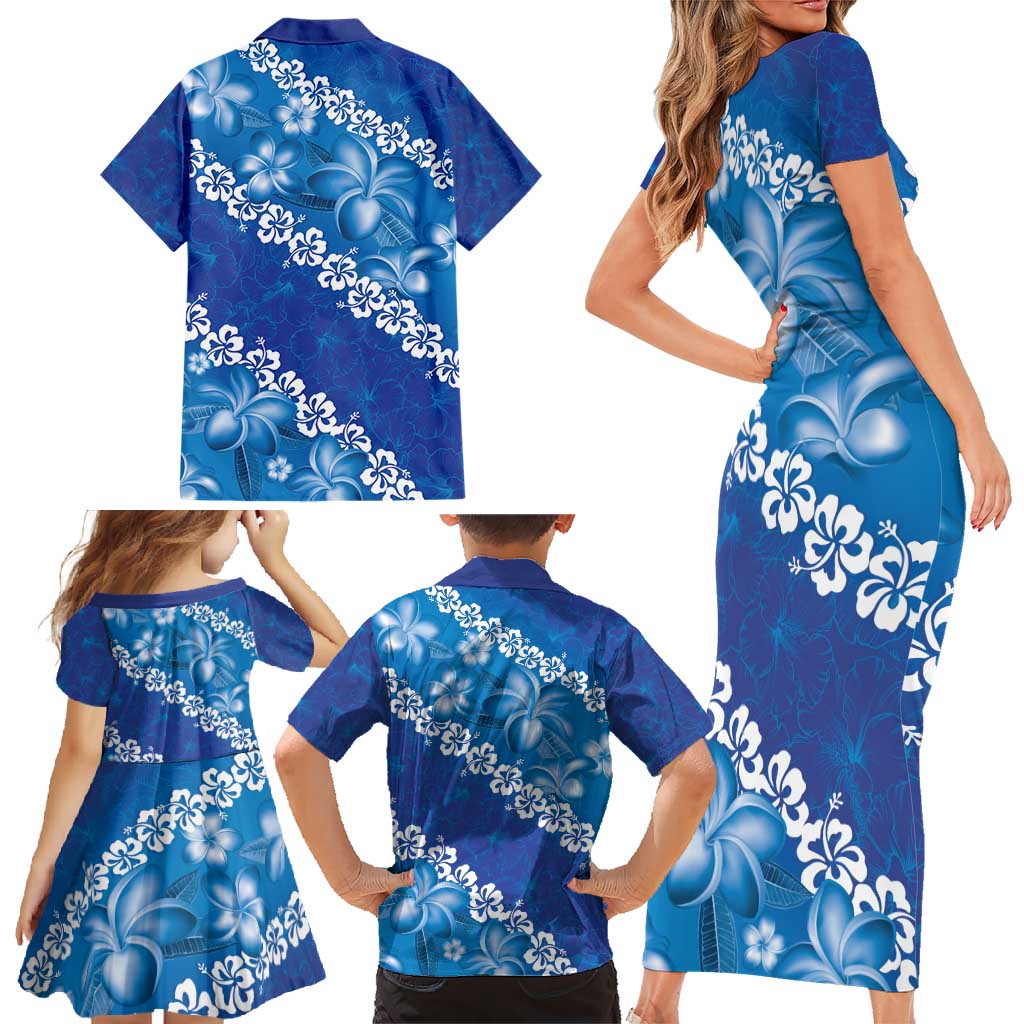 Vintage Blue Polynesia Family Matching Short Sleeve Bodycon Dress and Hawaiian Shirt Plumeria With Hibiscus Tropical Vibes