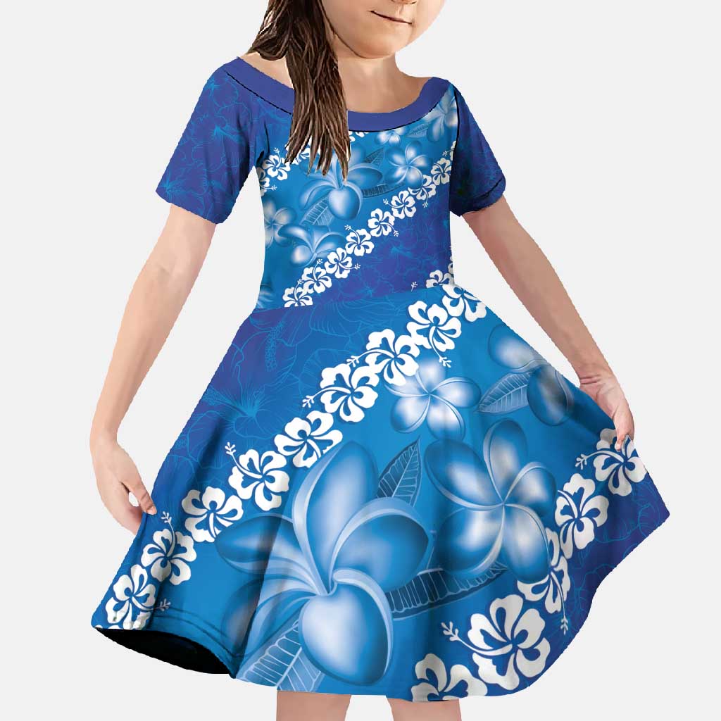 Vintage Blue Polynesia Family Matching Tank Maxi Dress and Hawaiian Shirt Plumeria With Hibiscus Tropical Vibes LT14 Daughter's Dress Blue - Polynesian Pride