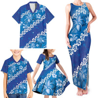 Vintage Blue Polynesia Family Matching Tank Maxi Dress and Hawaiian Shirt Plumeria With Hibiscus Tropical Vibes LT14 - Polynesian Pride