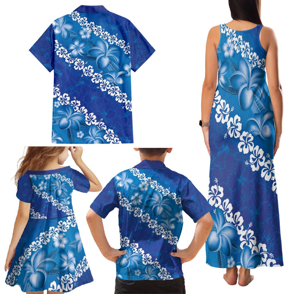 Vintage Blue Polynesia Family Matching Tank Maxi Dress and Hawaiian Shirt Plumeria With Hibiscus Tropical Vibes LT14 - Polynesian Pride
