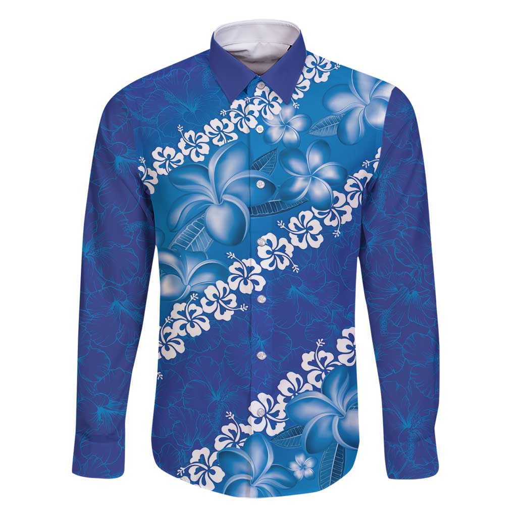 Vintage Blue Polynesia Family Matching Tank Maxi Dress and Hawaiian Shirt Plumeria With Hibiscus Tropical Vibes LT14 Dad's Shirt - Long Sleeve Blue - Polynesian Pride