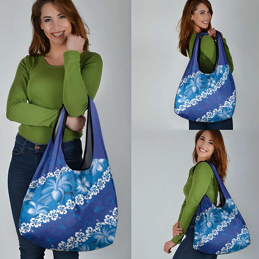Vintage Blue Polynesia Grocery Bag Plumeria With Hibiscus Tropical Vibes