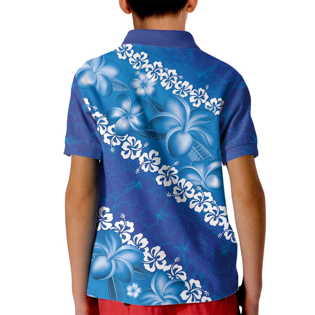 Vintage Blue Polynesia Kid Polo Shirt Plumeria With Hibiscus Tropical Vibes