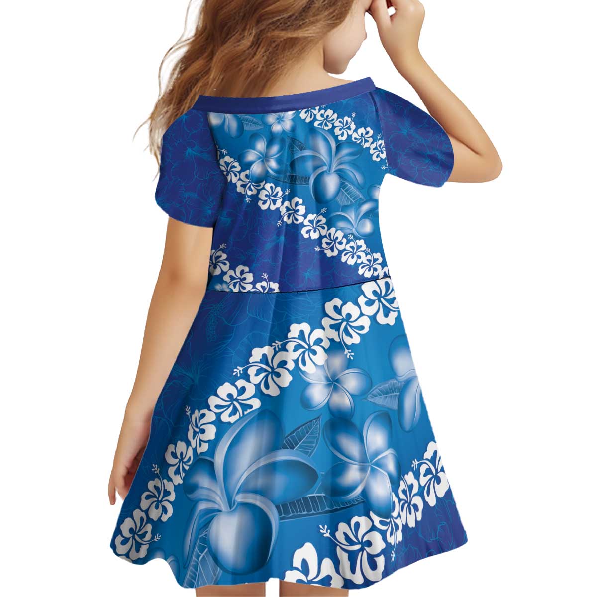 Vintage Blue Polynesia Kid Short Sleeve Dress Plumeria With Hibiscus Tropical Vibes