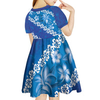 Vintage Blue Polynesia Kid Short Sleeve Dress Plumeria With Hibiscus Tropical Vibes