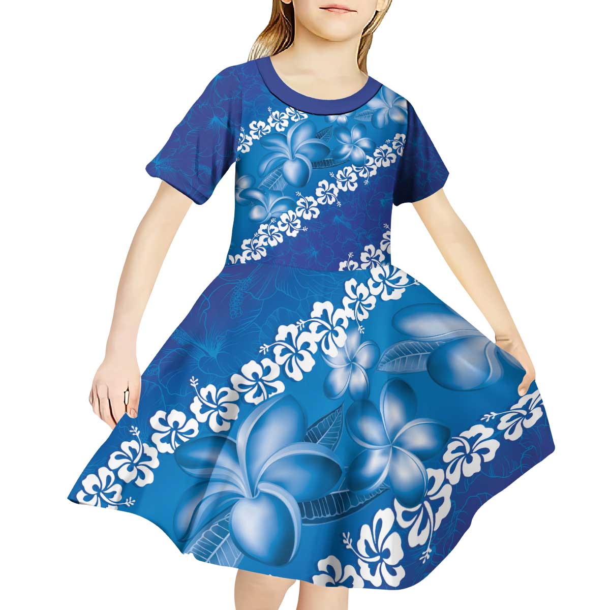 Vintage Blue Polynesia Kid Short Sleeve Dress Plumeria With Hibiscus Tropical Vibes