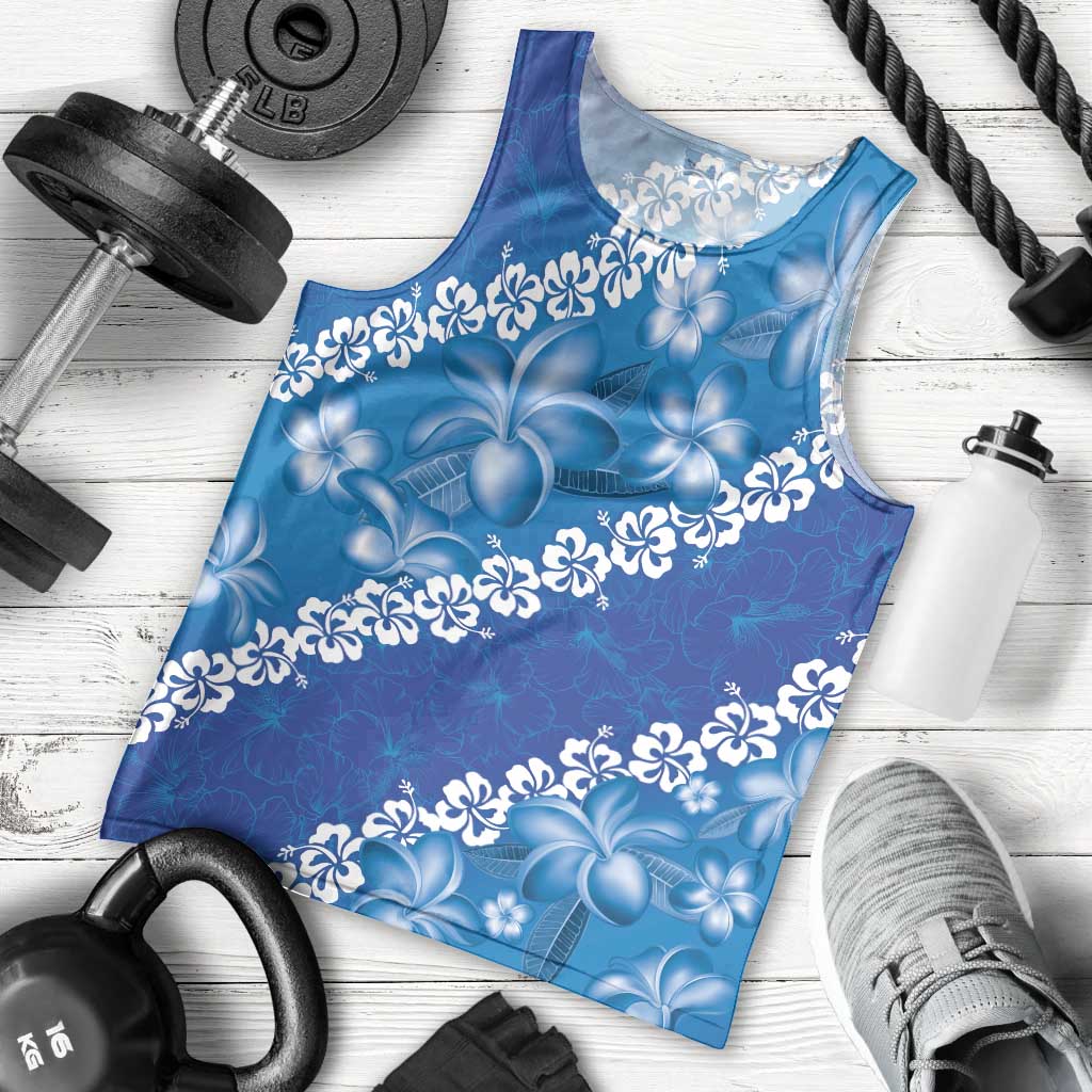 Vintage Blue Polynesia Men Tank Top Plumeria With Hibiscus Tropical Vibes
